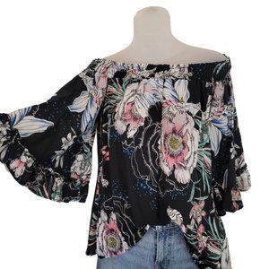 Jaase Boho Floral Flowy Bell Sleeve Shoulder Crop Blouse, XS.